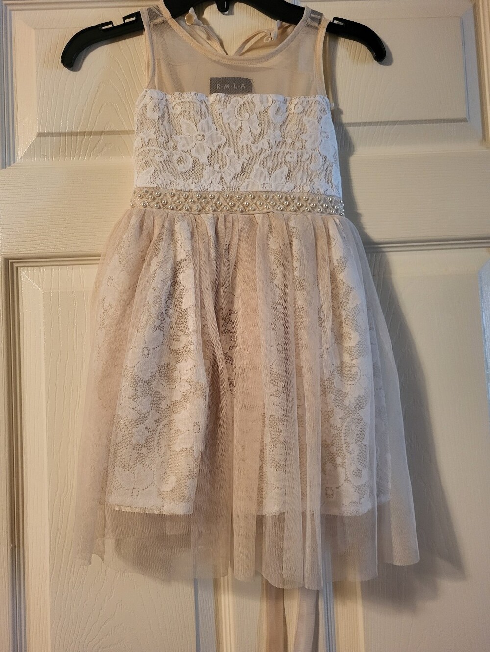Girls' White & Blush Floral Waist Tulle Dress